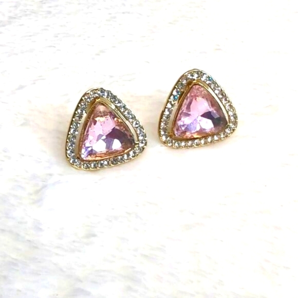 Vintage 90's Pink and Clear Triangle Rhinestone Clip Earrings - Picture 3 of 10